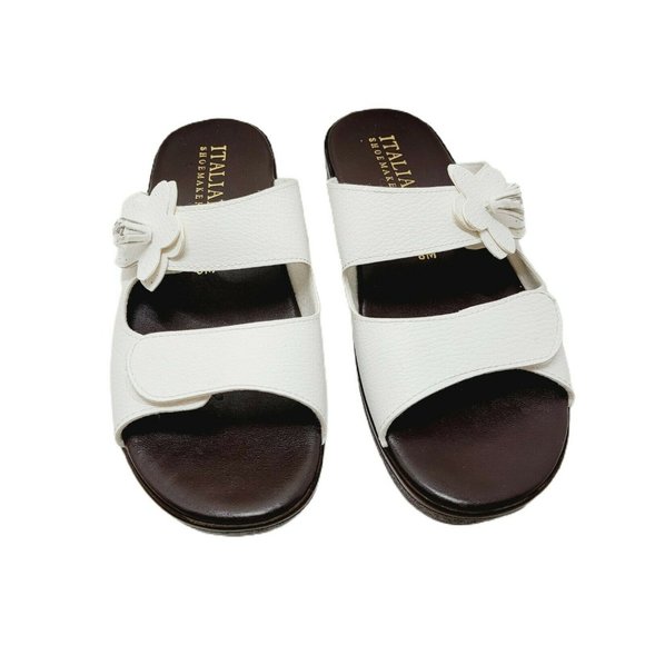 Italian Shoemakers Women Sz 8M White Leather Flower Slide On Relax Sandal Italy - Picture 2 of 10